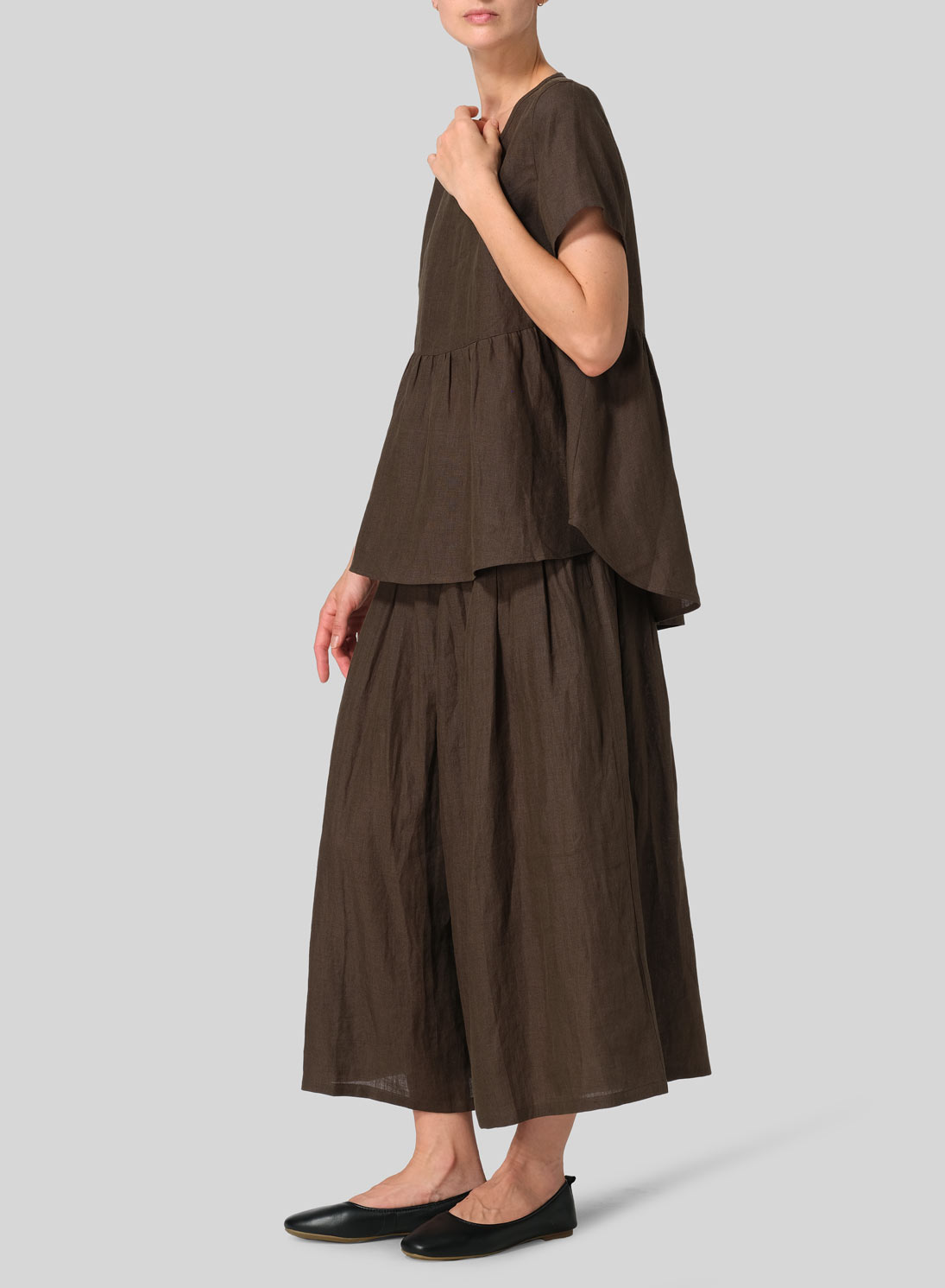 Linen Short Sleeve Pleated Blouse