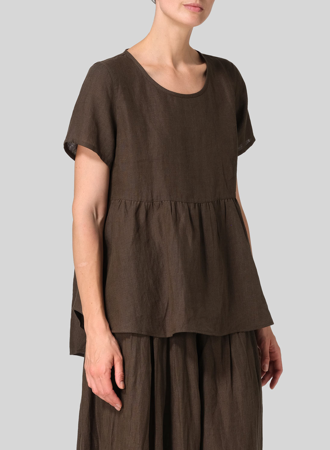 Linen Short Sleeve Pleated Blouse