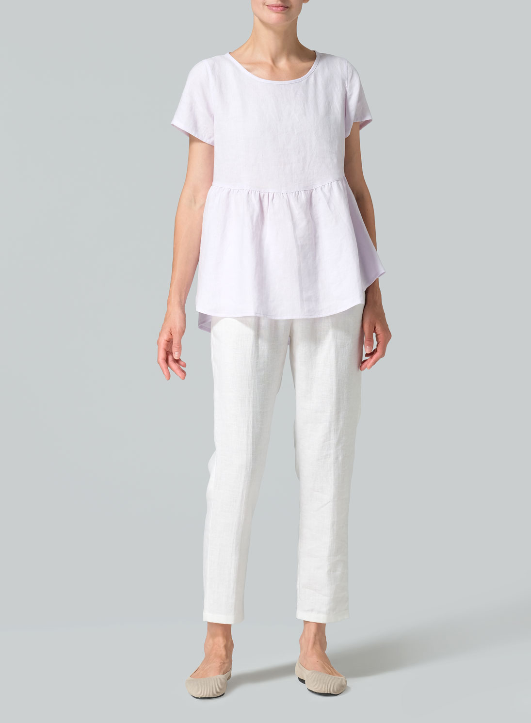 Linen Short Sleeve Pleated Blouse