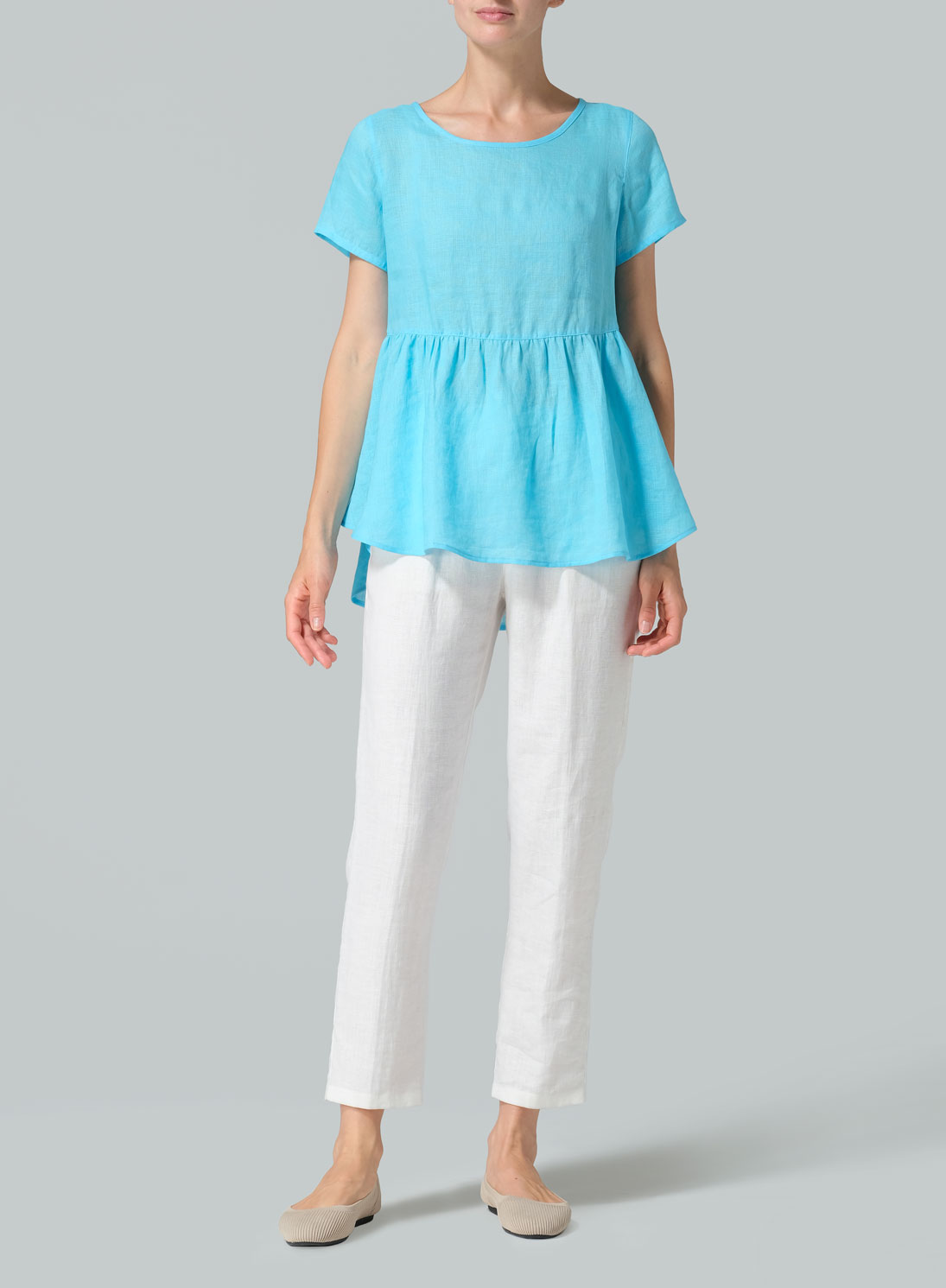 Linen Short Sleeve Pleated Blouse