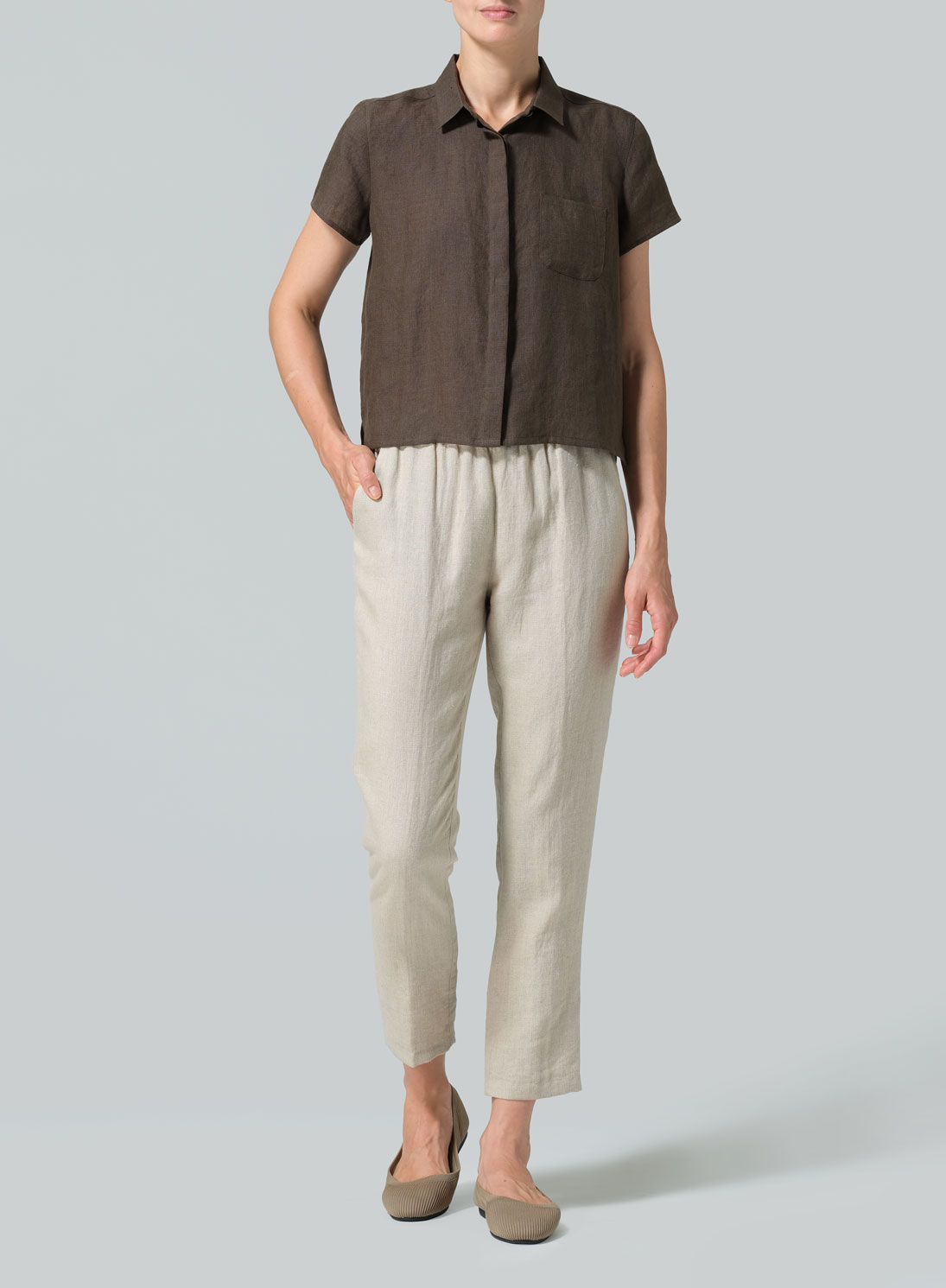Linen Short Sleeve Mini-point Collar Shirt
