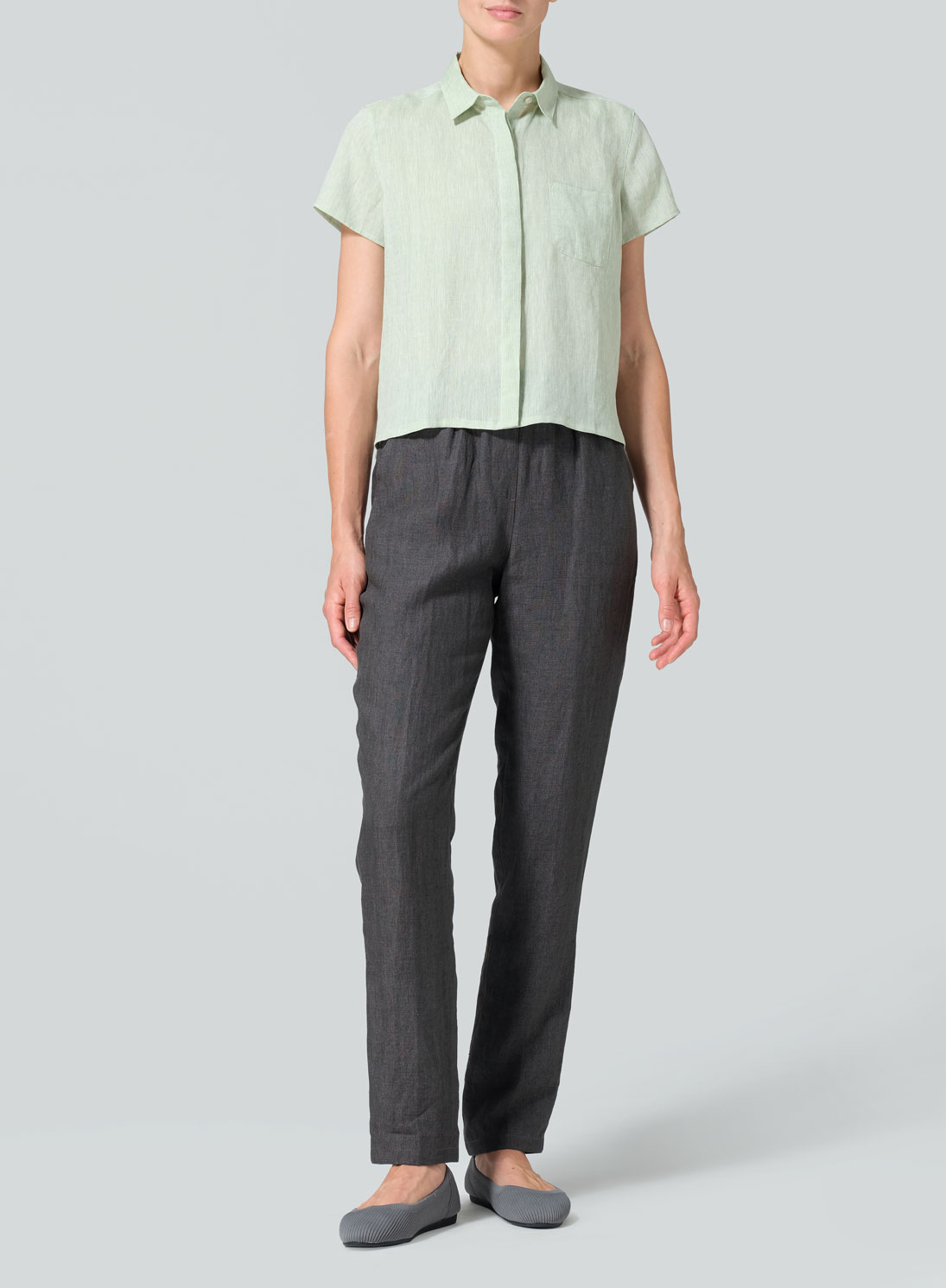 Linen Short Sleeve Mini-point Collar Shirt