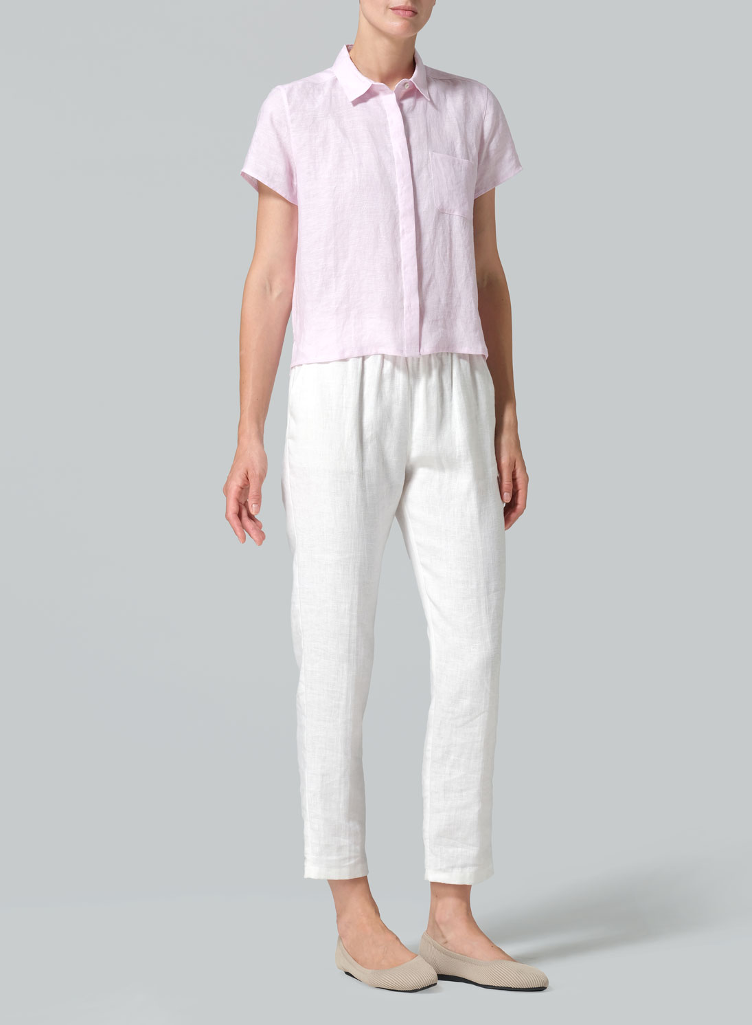 Linen Short Sleeve Mini-point Collar Shirt
