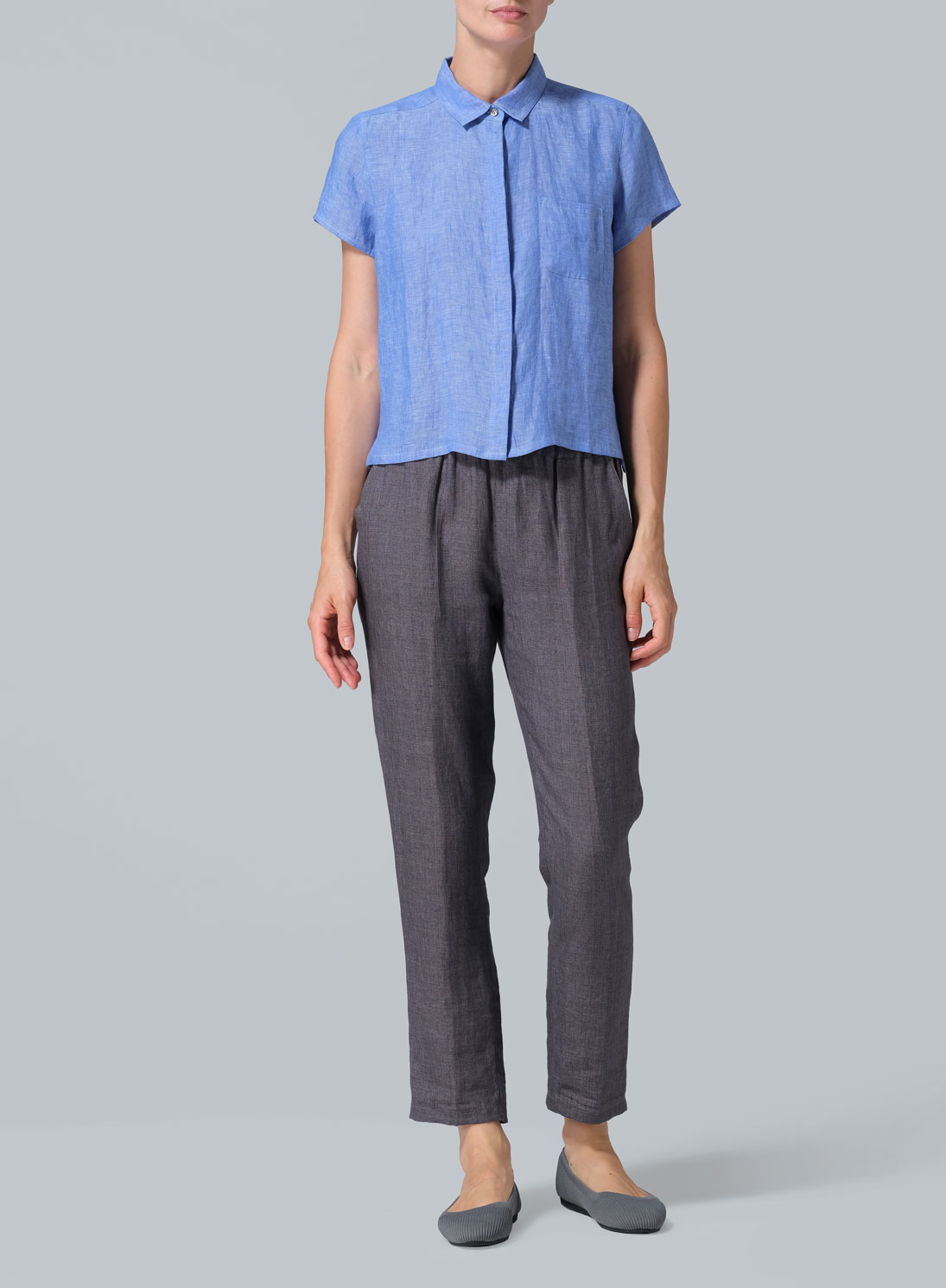 Linen Short Sleeve Mini-point Collar Shirt