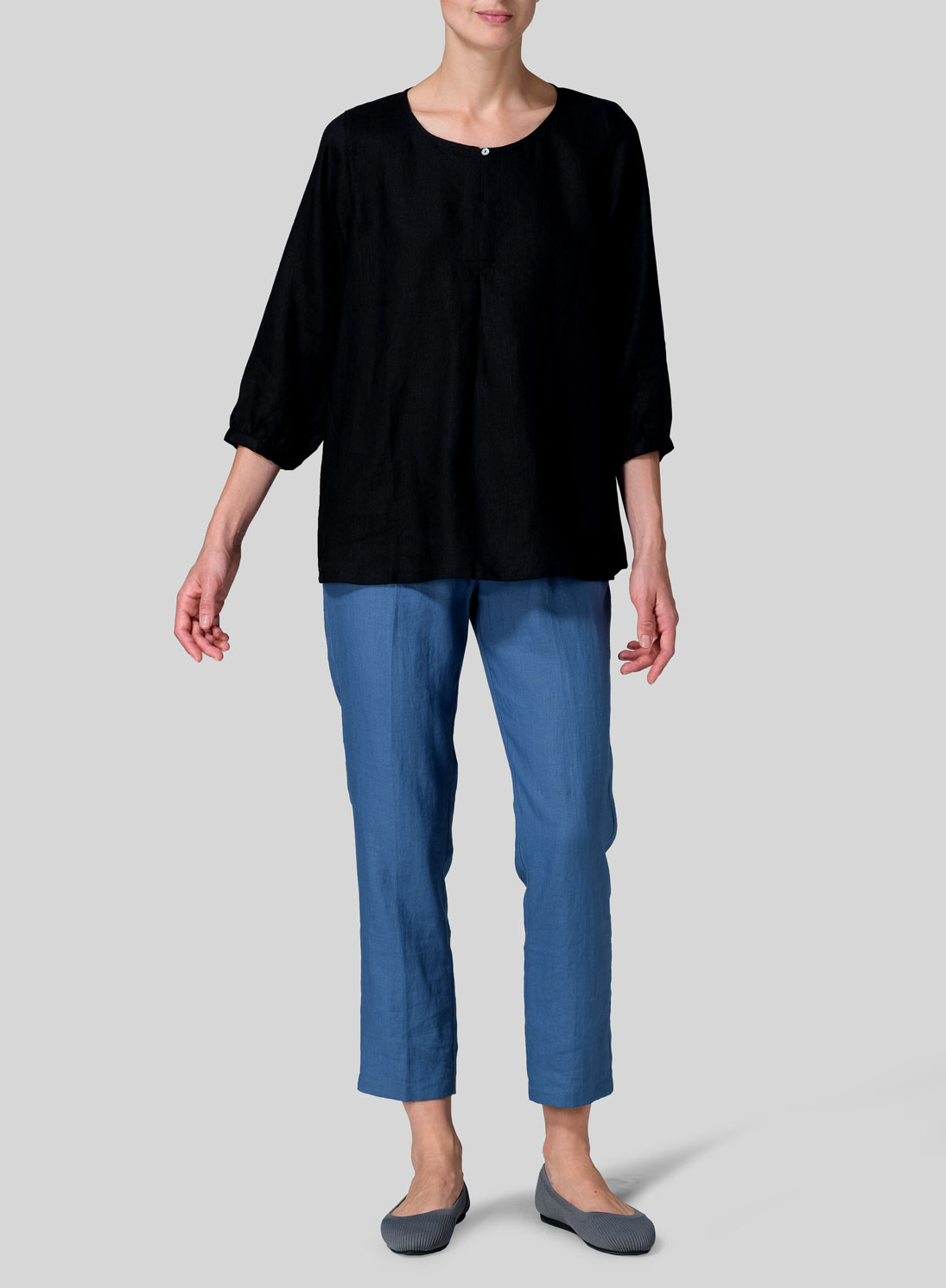 Linen Half Sleeve Inverted Front Pleat Blouse