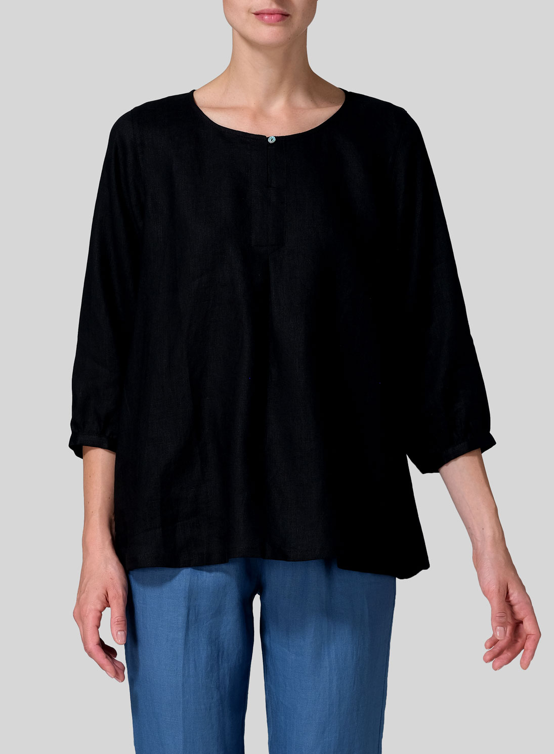 Linen Half Sleeve Inverted Front Pleat Blouse