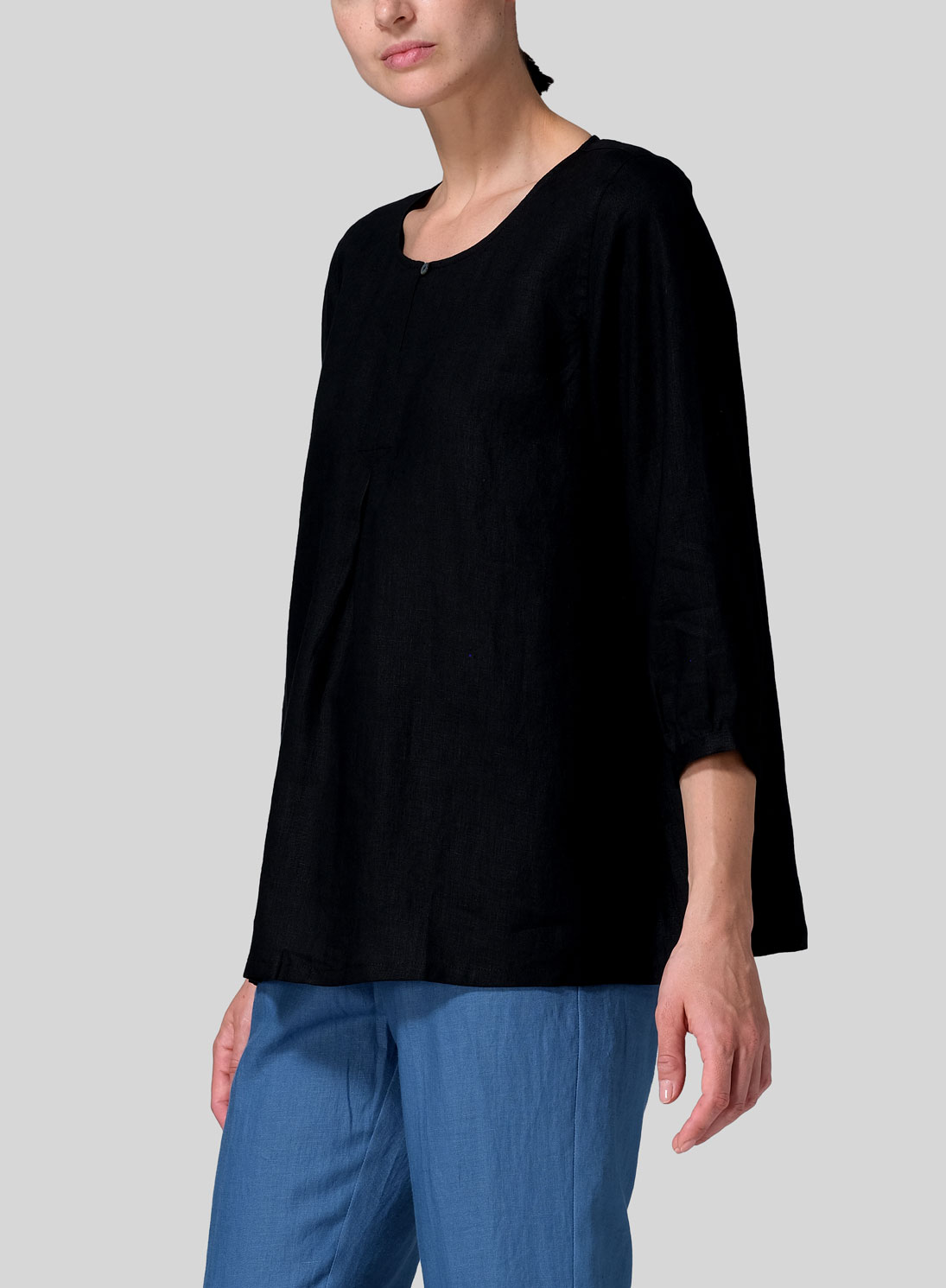 Linen Half Sleeve Inverted Front Pleat Blouse