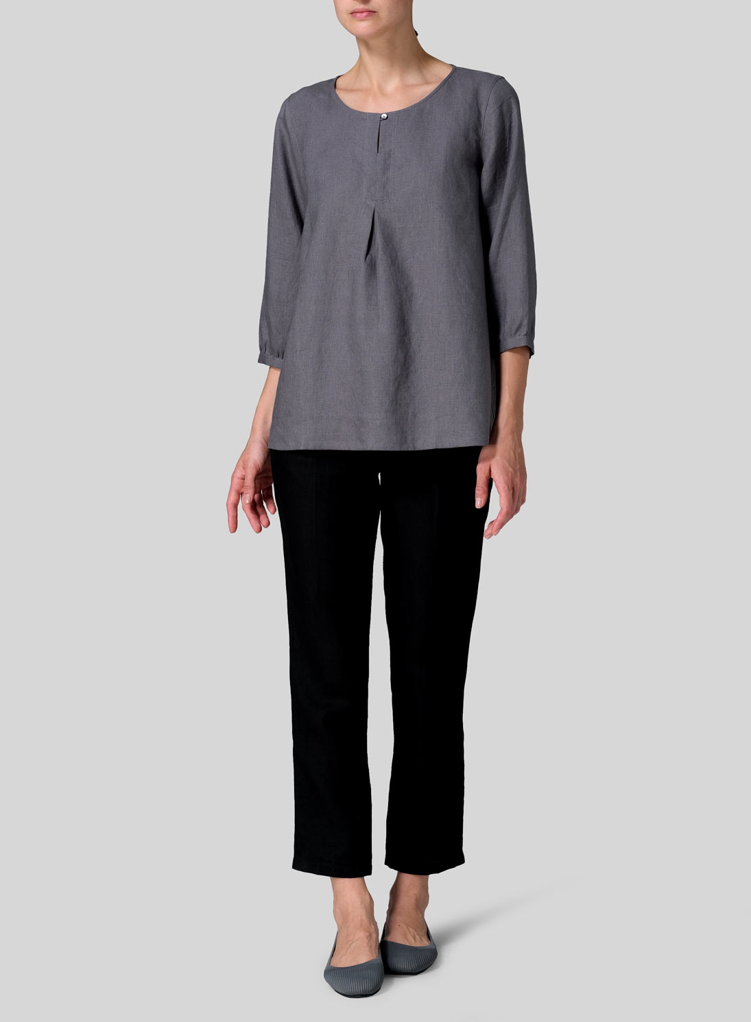 Linen Half Sleeve Inverted Front Pleat Blouse