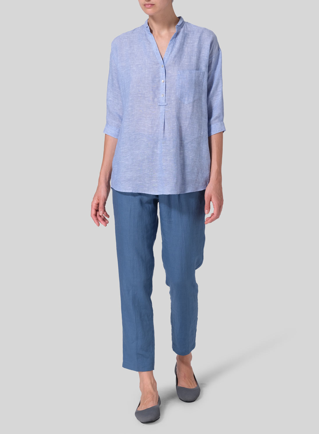 Linen Blouse With V-neck Mandarin Collar
