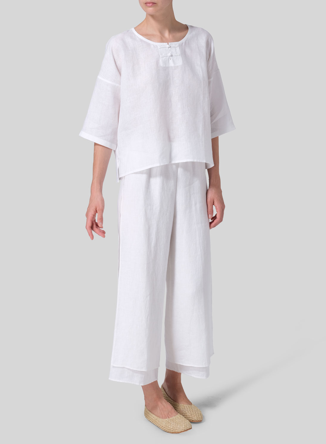 Linen Dropped Shoulder Handmade Knot Button Top