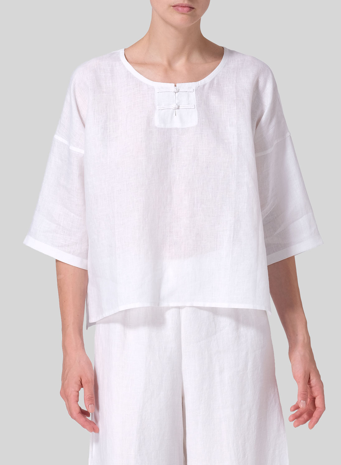 Linen Dropped Shoulder Handmade Knot Button Top