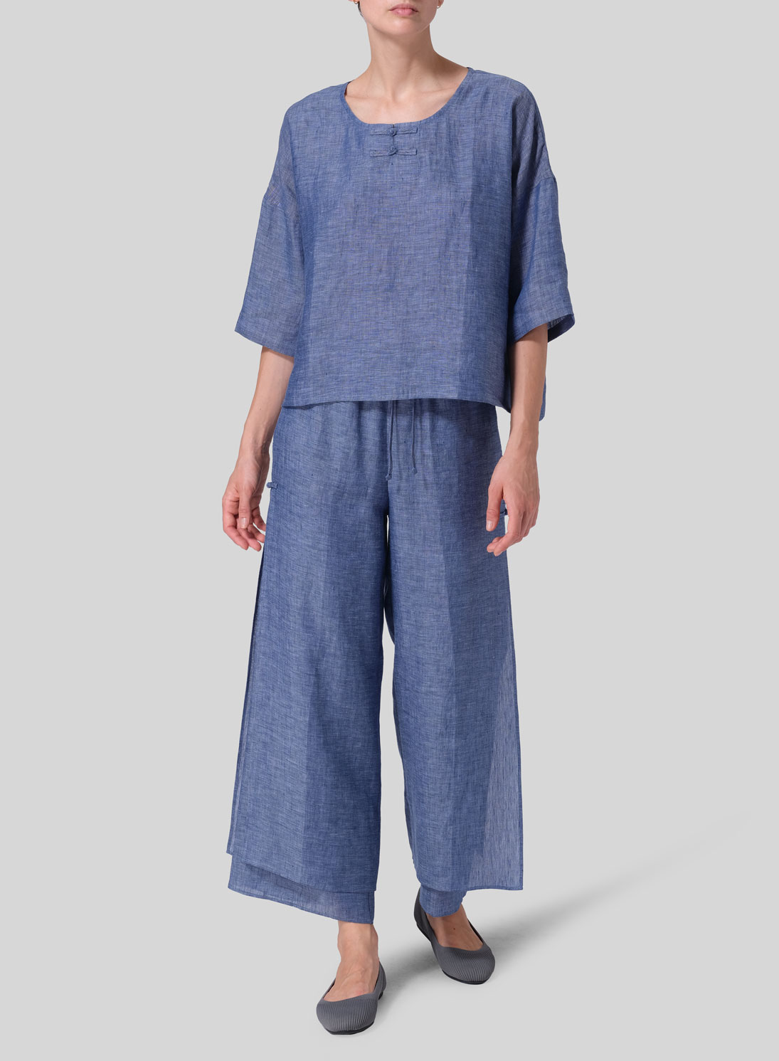 Linen Dropped Shoulder Handmade Knot Button Top