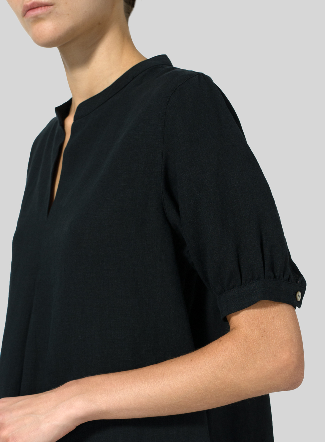 Black Linen Mandarin Collar A Shape Blouse - Plus Size