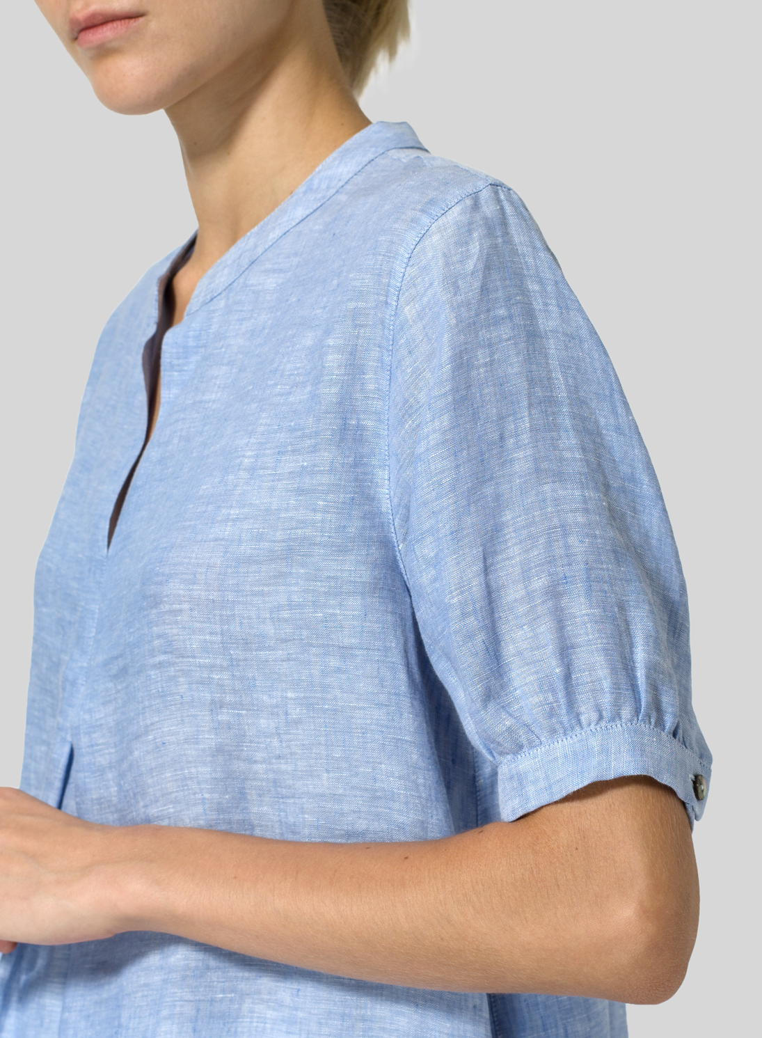 ANABELLA | Women's floral linen blouse mandarin collar cap sleeve