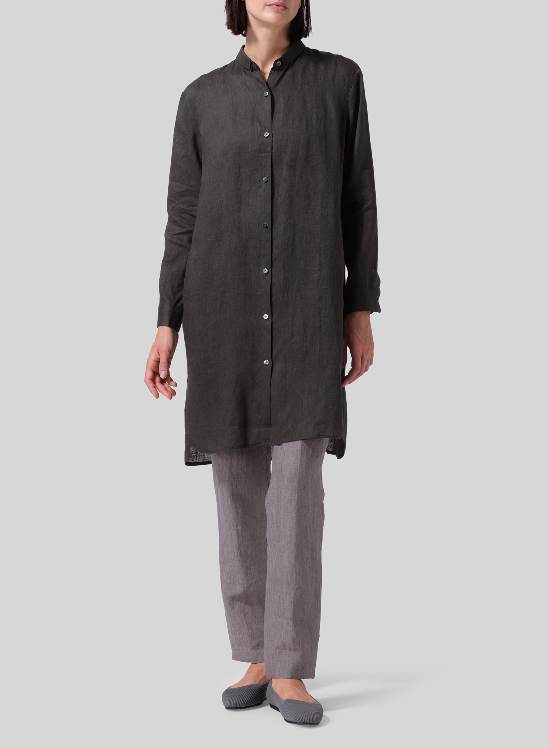 Loose Dots Stand Collar Long Sleeve Linen White Shirt