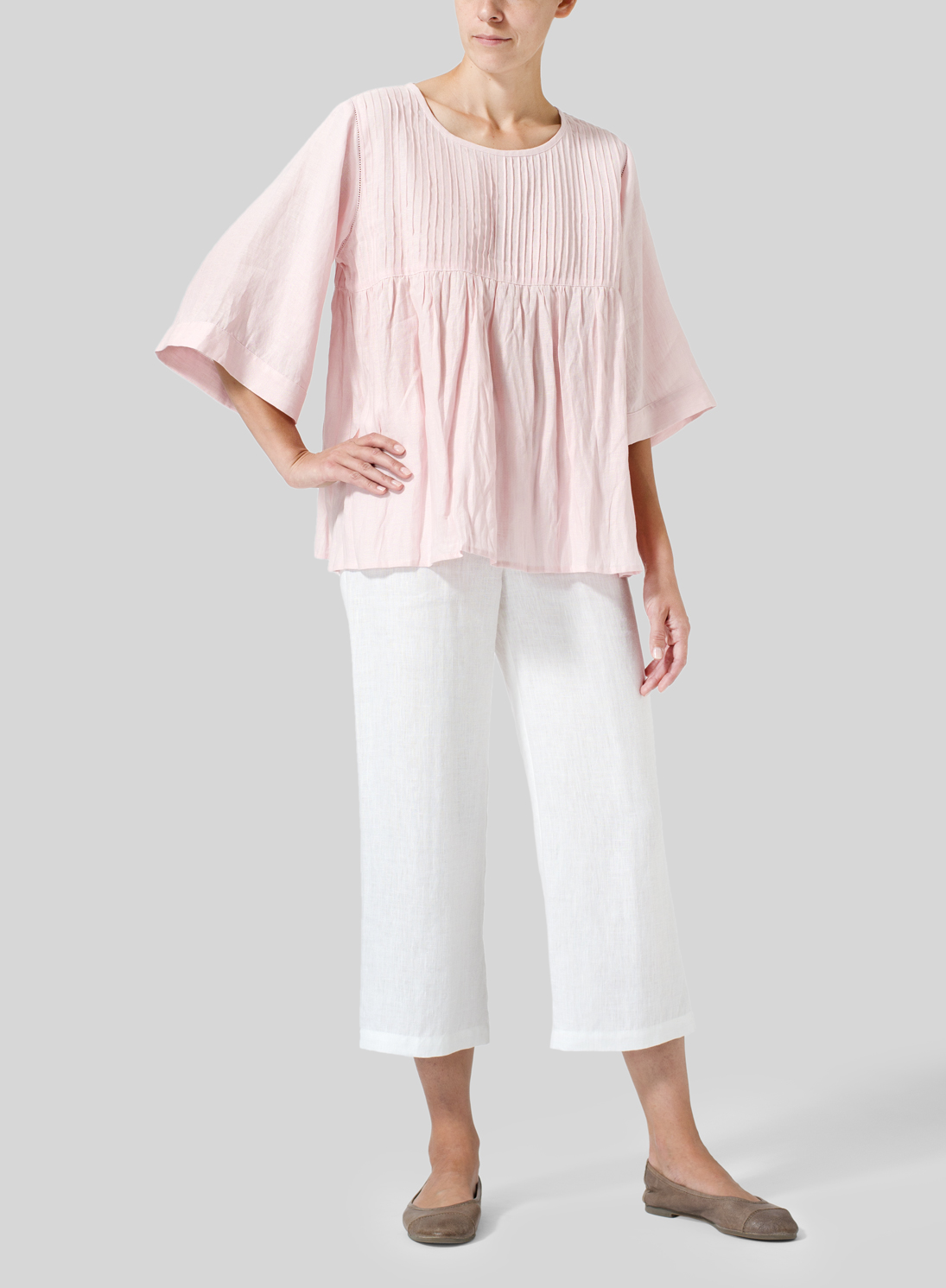 Linen Hand-Made Pleated Bell Sleeve Blouse - Plus Size