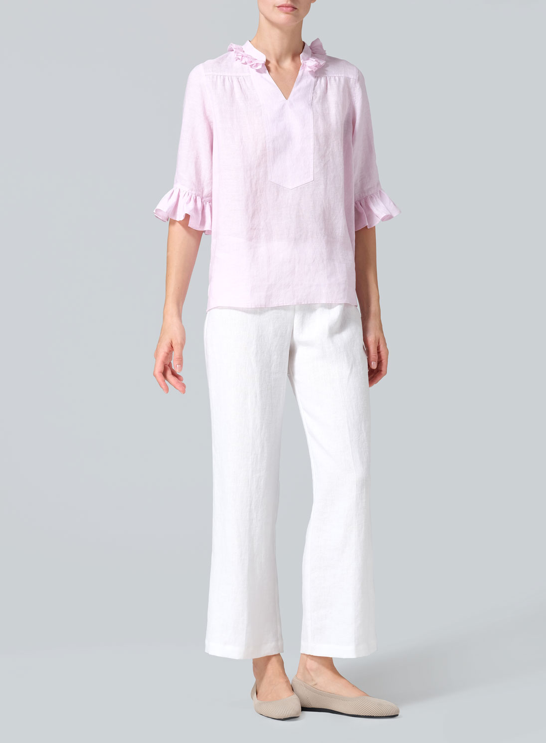 Linen Ruffle Stand Collar Top
