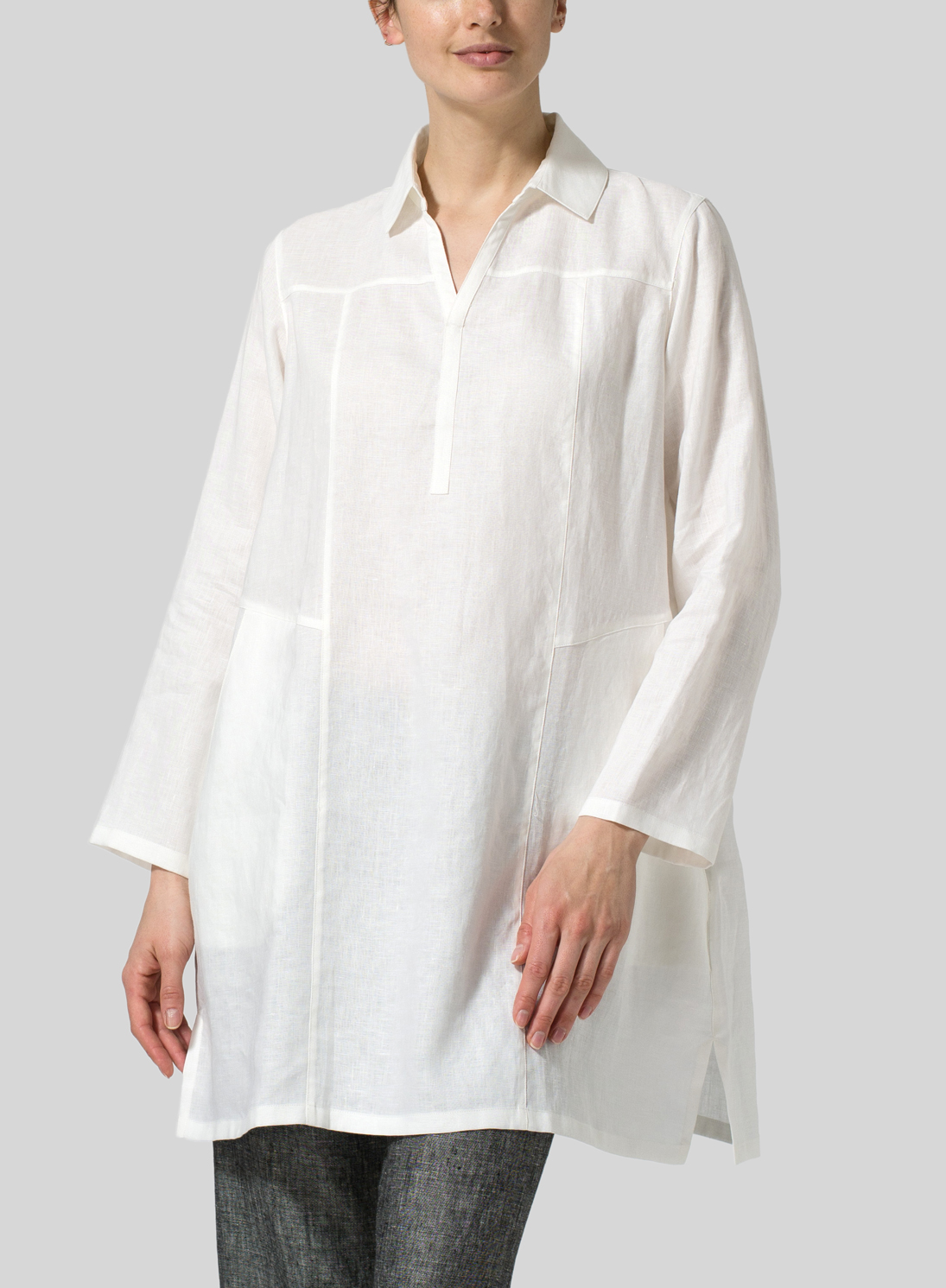 White Linen L/Sleeves V-Neck Tunic - Plus Size