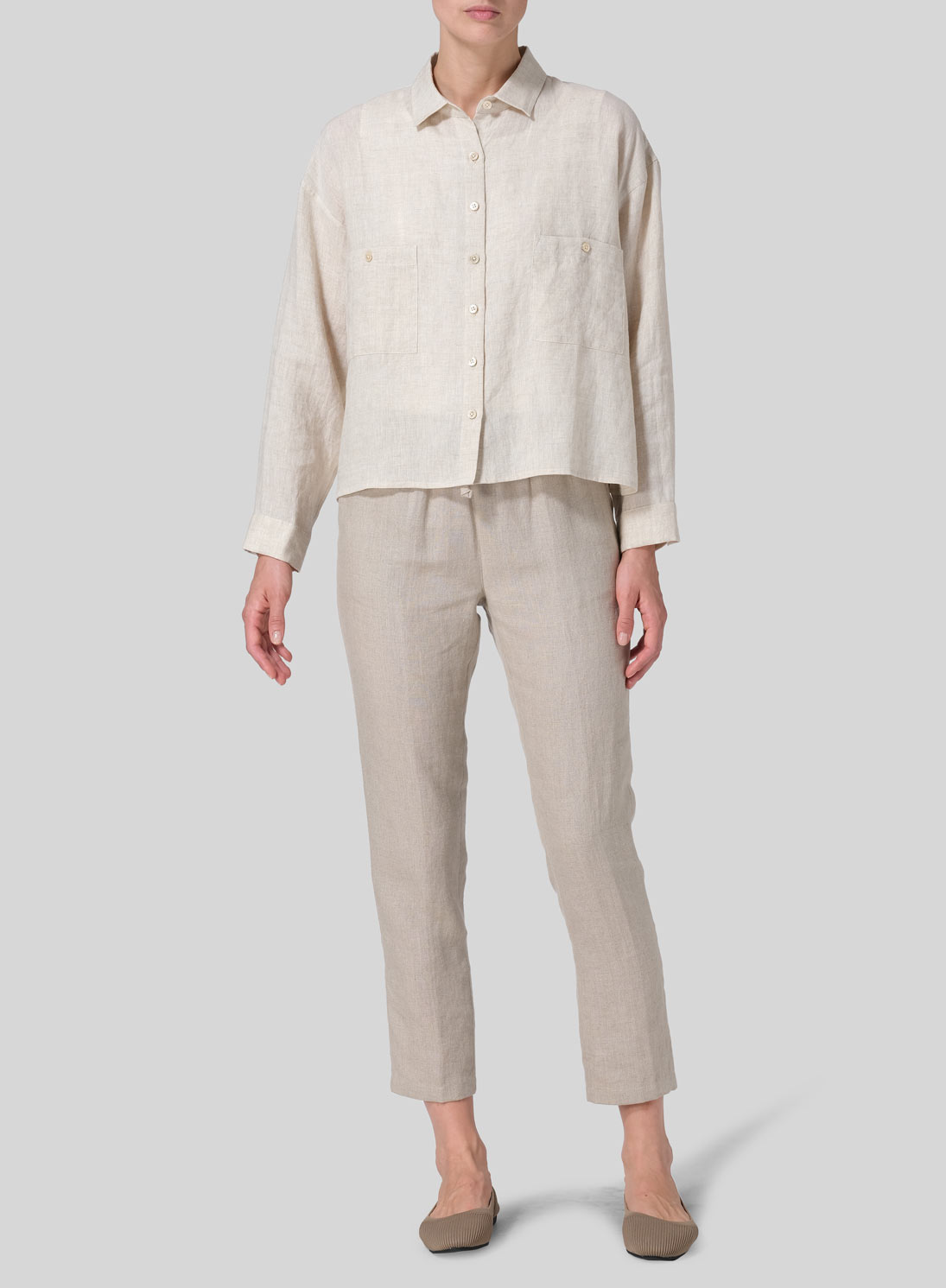 Linen Sloped Shoulder Wide Boxes with Collar Cropped Shirt