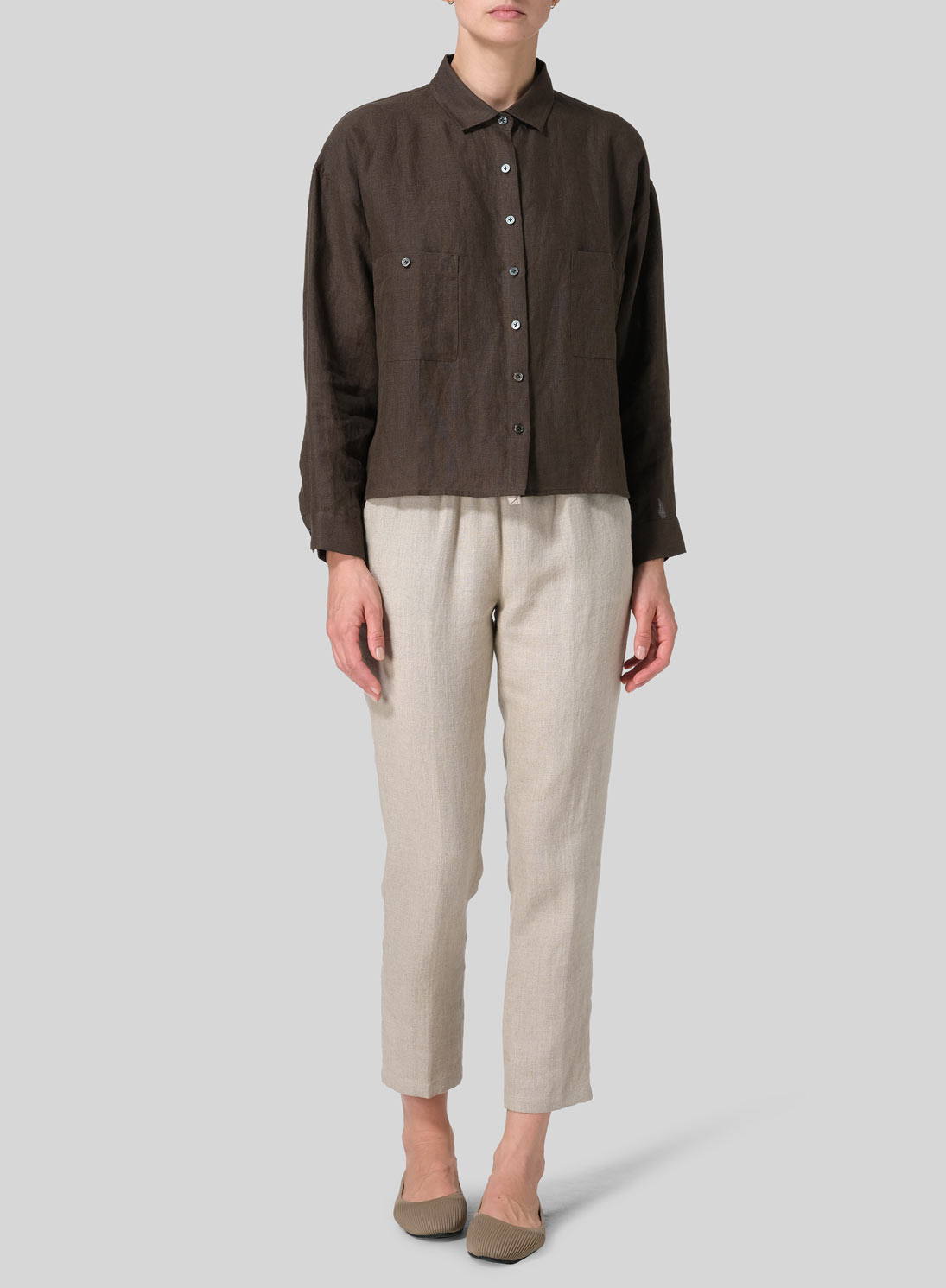 Linen Sloped Shoulder Wide Boxes with Collar Cropped Shirt