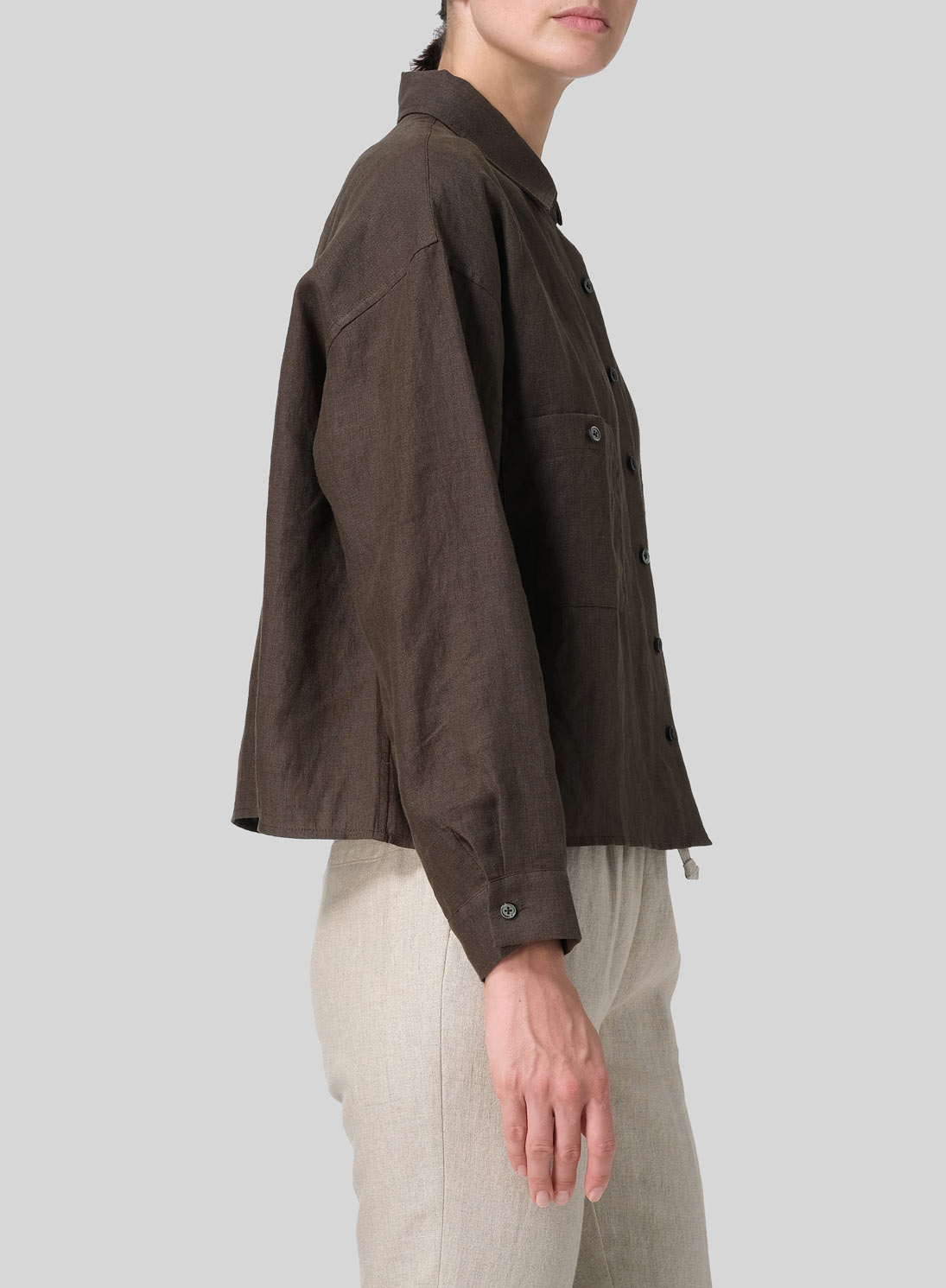 Linen Sloped Shoulder Wide Boxes with Collar Cropped Shirt
