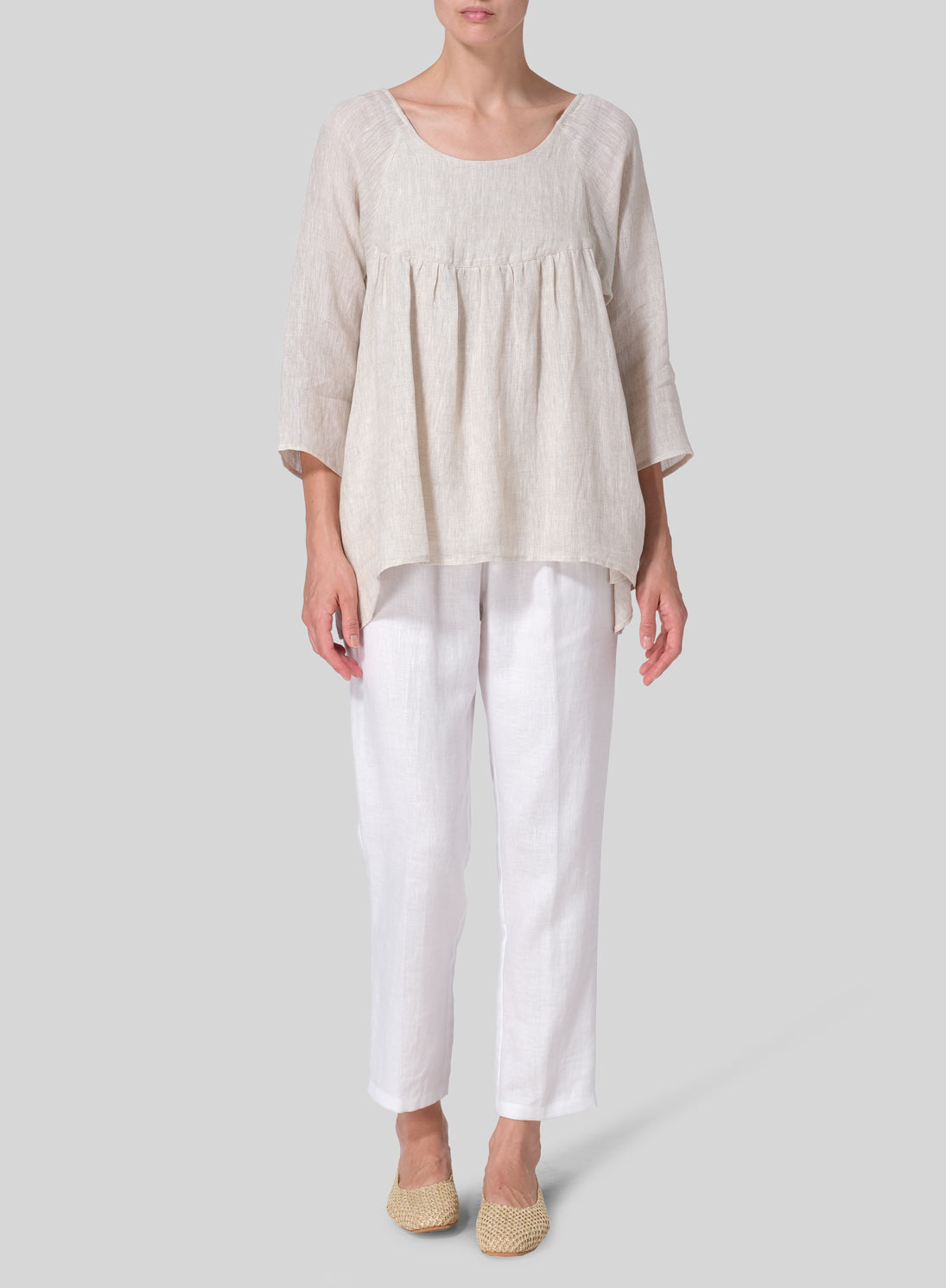 Linen Regular Deep Round-Neck Blouse