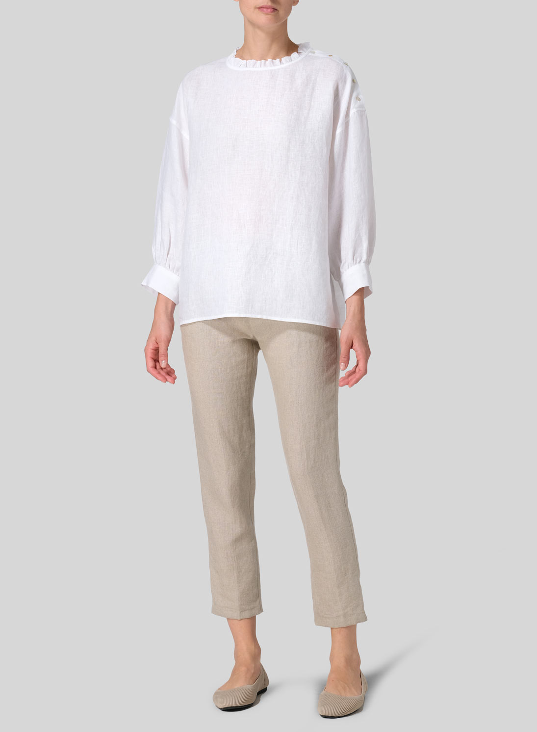 Linen Dropped Shoulder Ruffle Collar Blouse