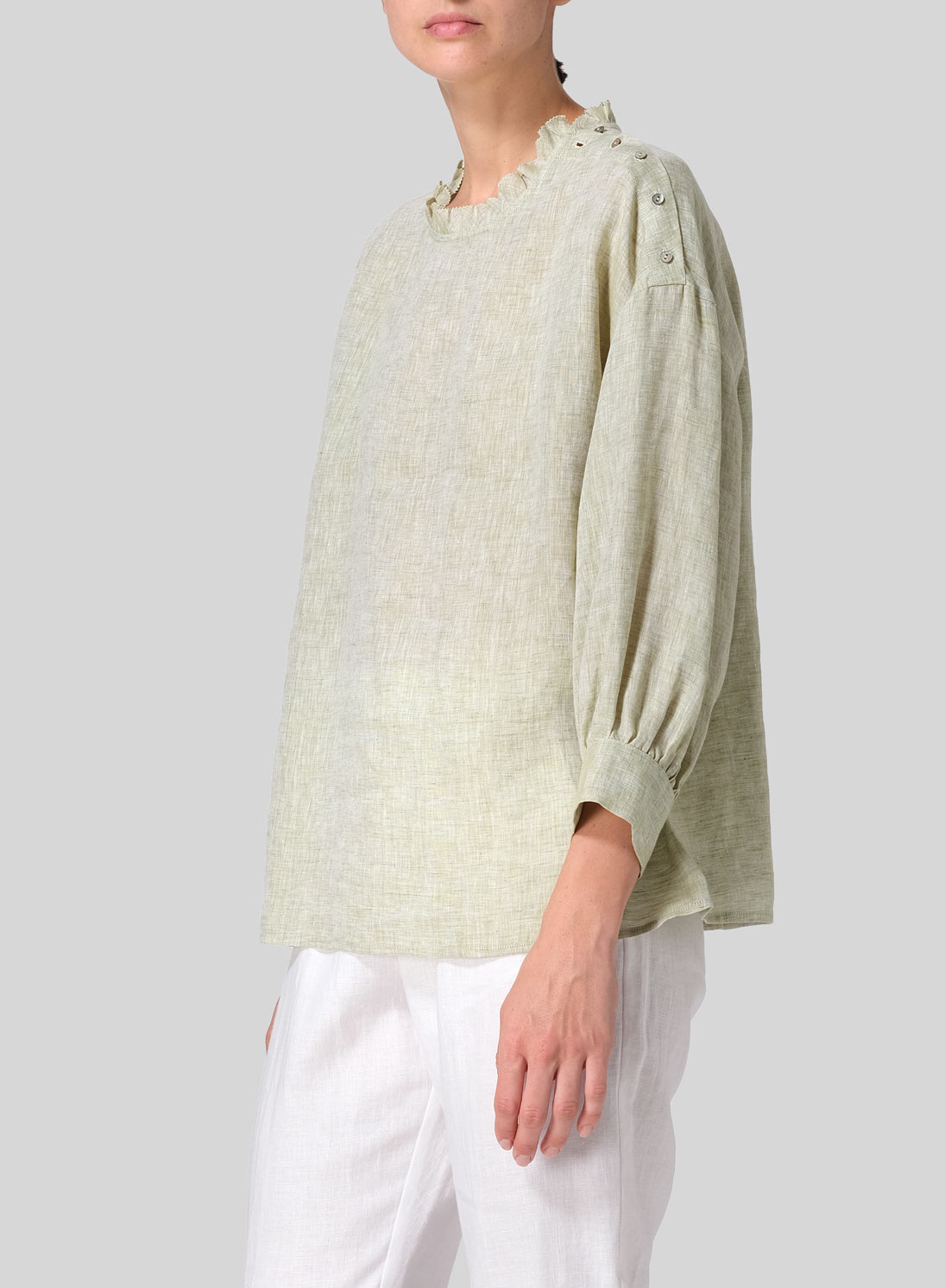 Linen Dropped Shoulder Ruffle Collar Blouse