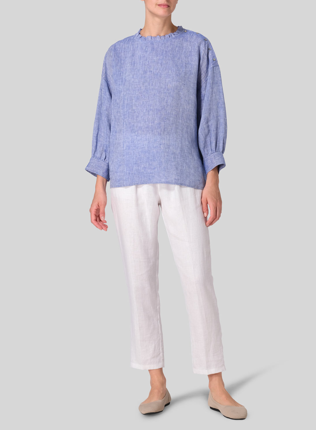 Linen Dropped Shoulder Ruffle Collar Blouse