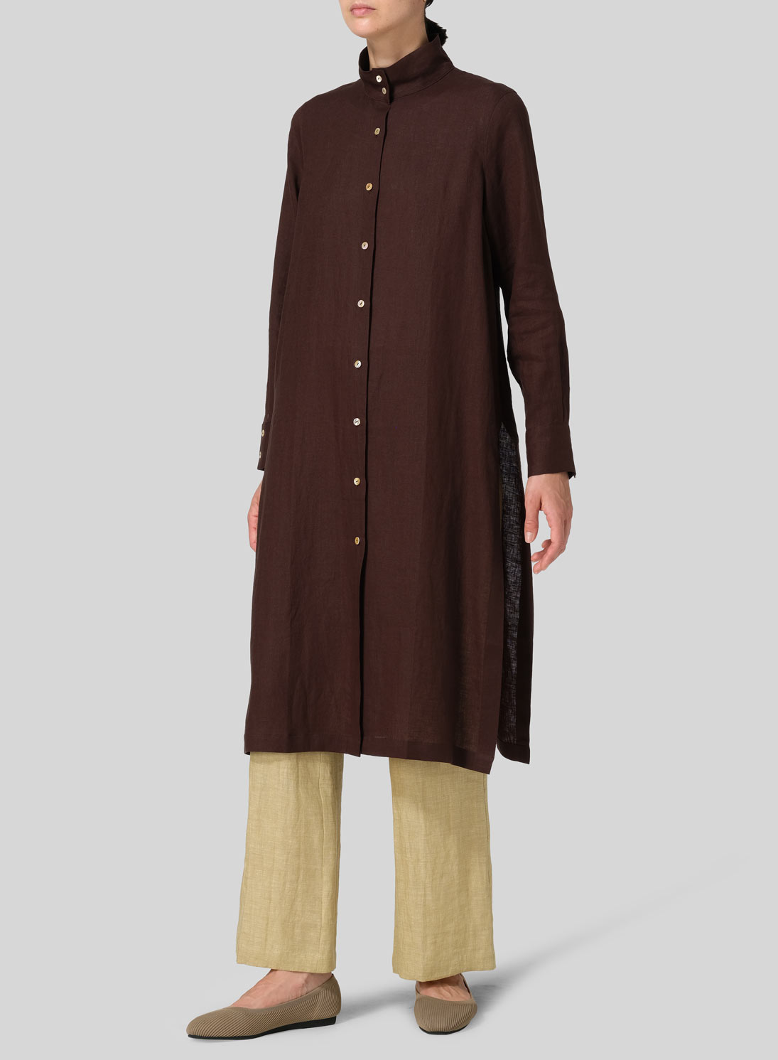 Linen High Stand Collar Long Shirt