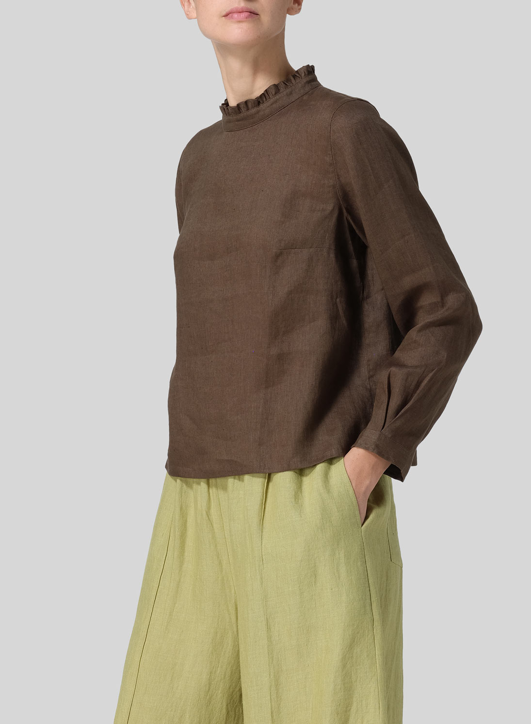 Linen Ruffle Stand Collar Cropped Blouse