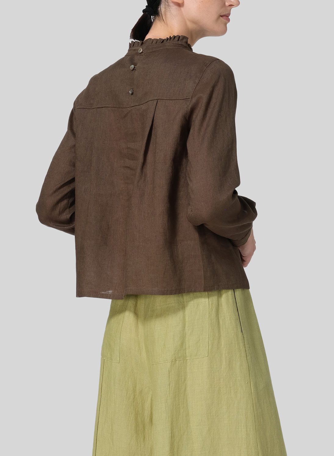 Linen Ruffle Stand Collar Cropped Blouse