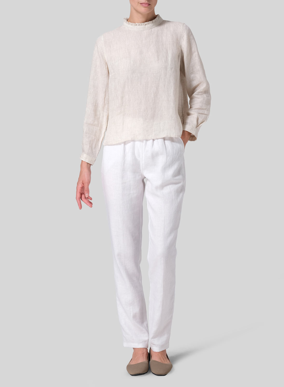 Linen Ruffle Stand Collar Cropped Blouse