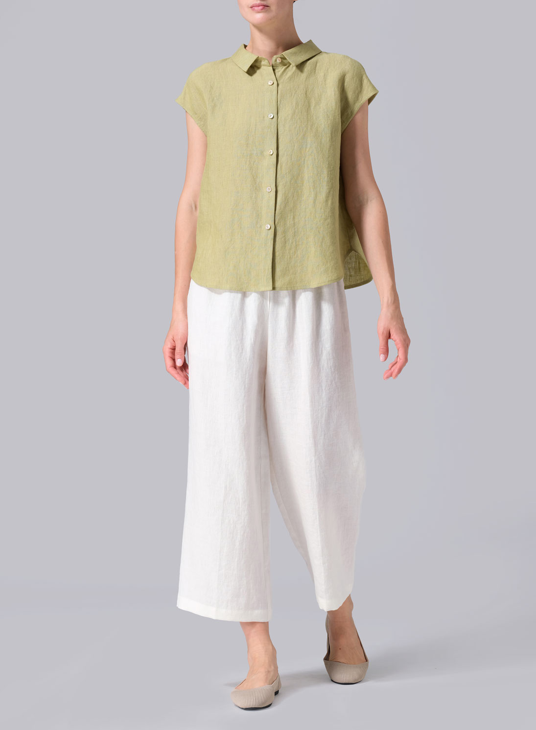 Linen Collared Neckline Cap Sleeves Top