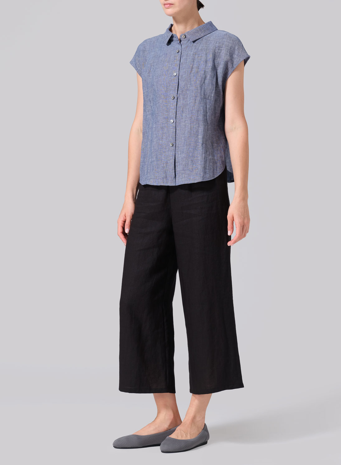 Linen Collared Neckline Cap Sleeves Top