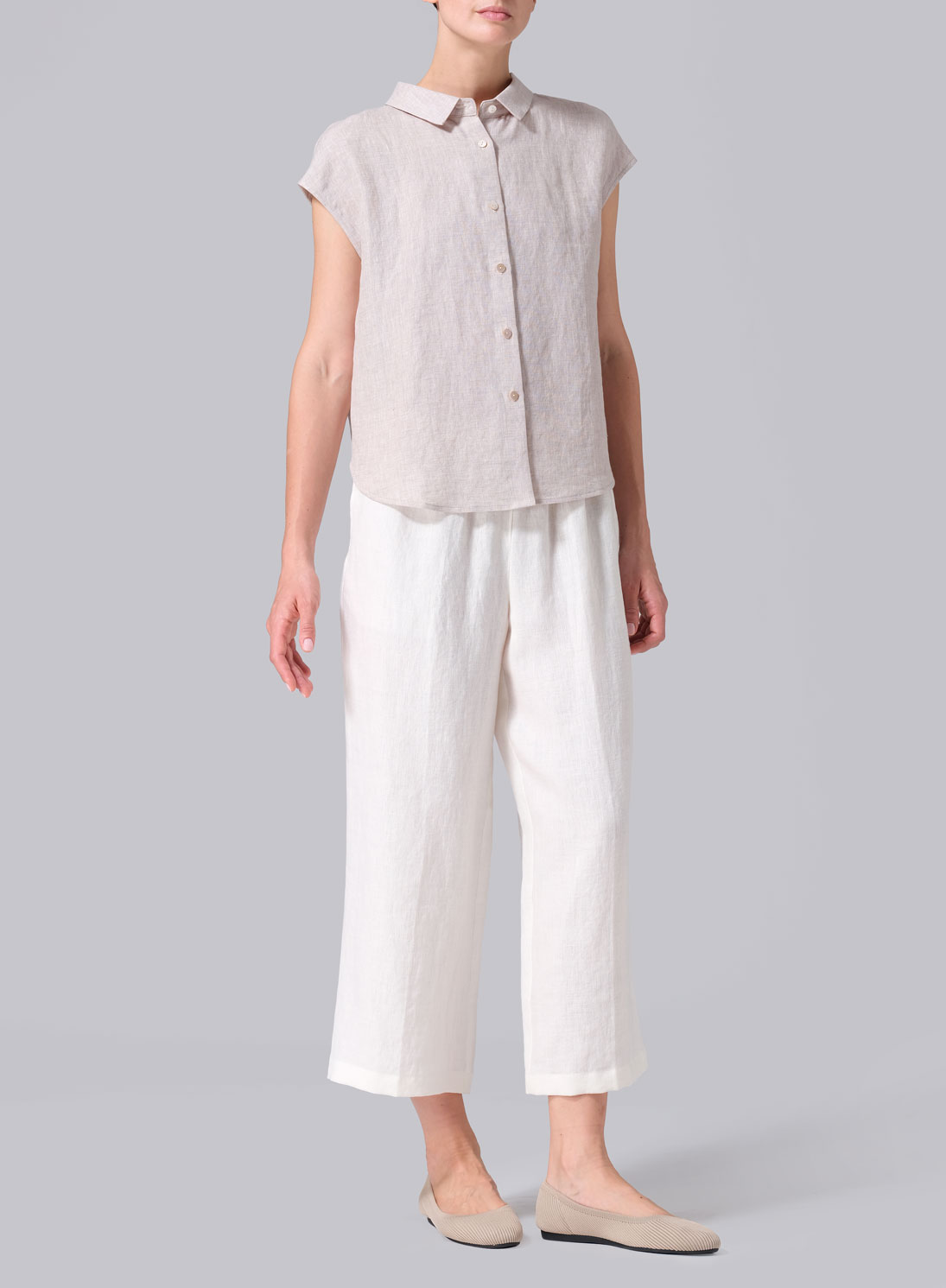 Linen Collared Neckline Cap Sleeves Top
