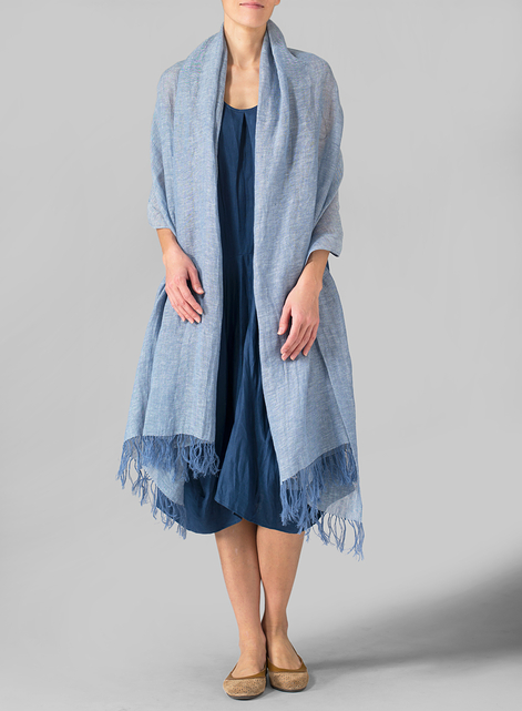 Linen Hand-crafted Two Tone Blue Long Scarf