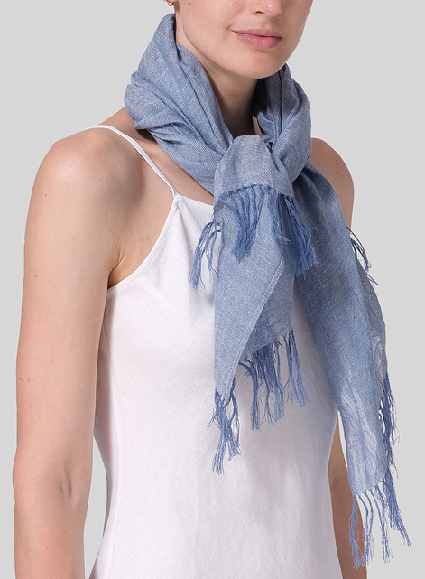 Two Tone Light Blue Linen Hand-crafted Tassel Scarf