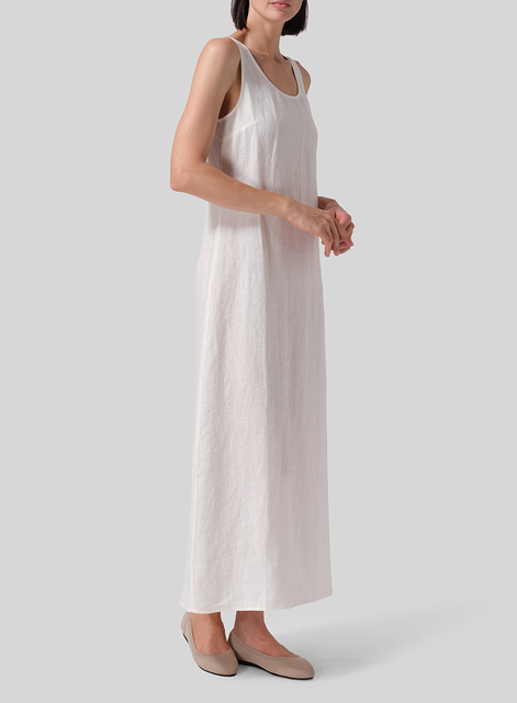 Linen Fitting Round Neck Long Dress