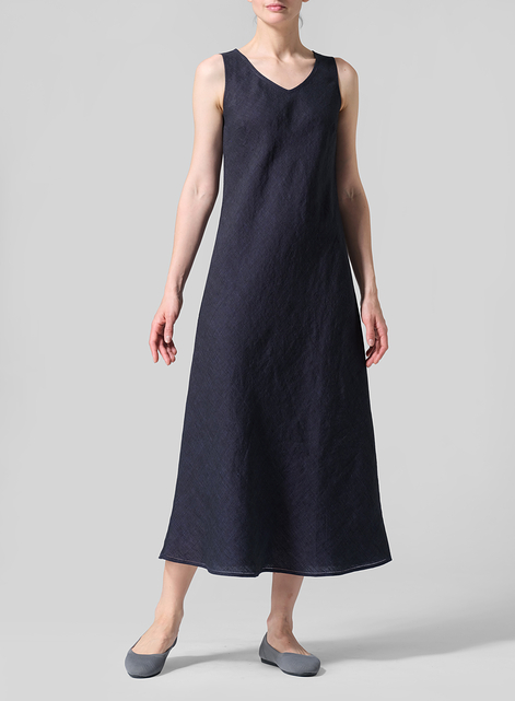 Linen Bias Cut Sleeveless Long Dress