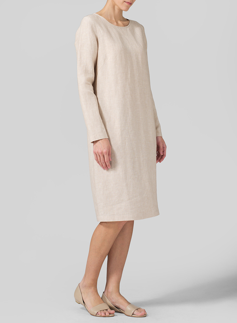 Linen Collarless Mid-Length Dress