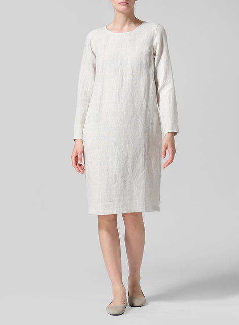 Linen Collarless Mid-Length Dress
