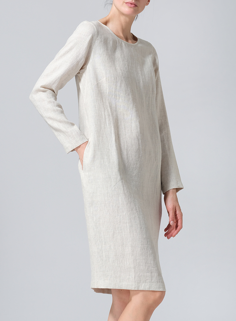 Linen Collarless Mid-Length Dress