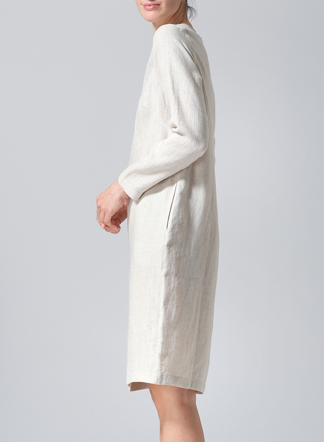 Linen Collarless Mid-Length Dress