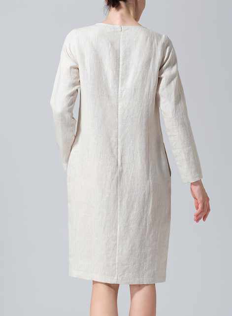 Linen Collarless Mid-Length Dress