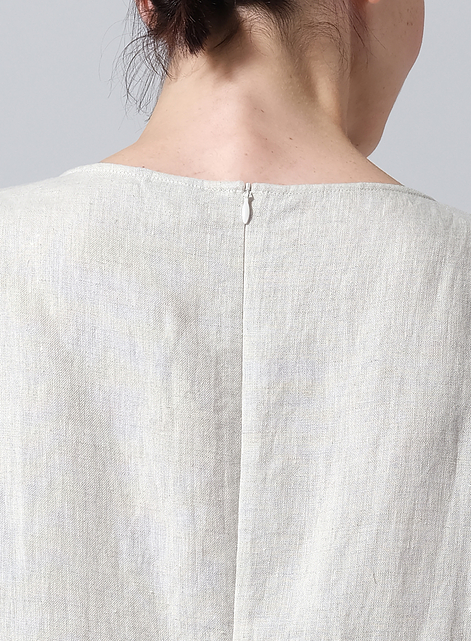 Linen Collarless Mid-Length Dress
