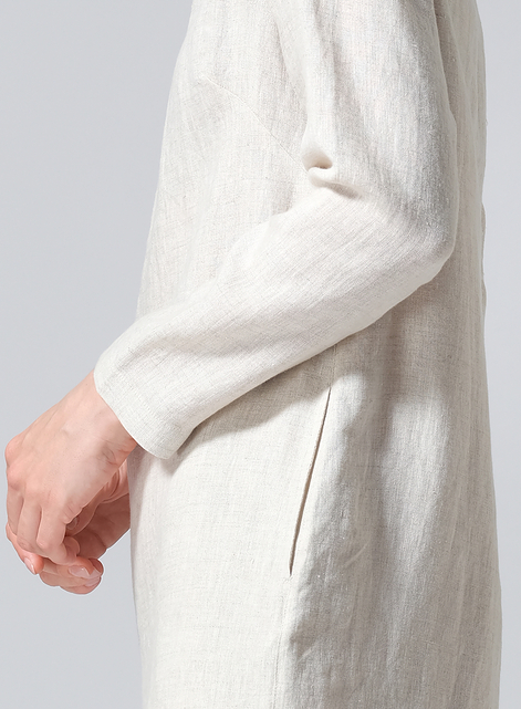 Linen Collarless Mid-Length Dress