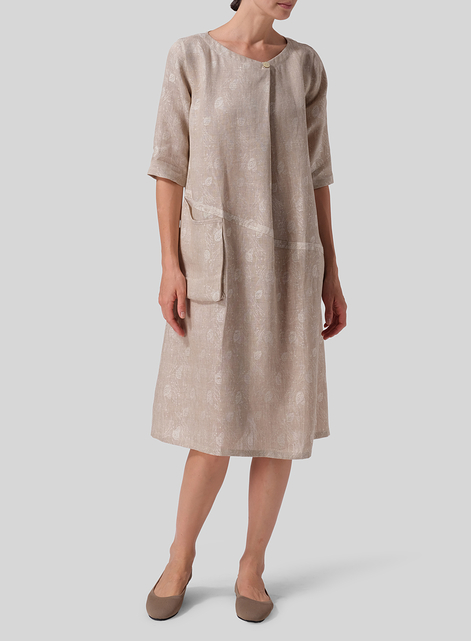 Linen Jacquard Long Center Pleated Dress