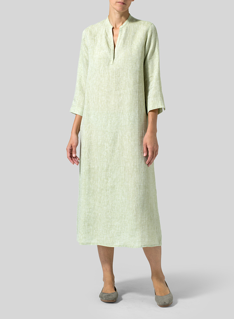 Linen V-neck Mandarin Collar Dress Tunic