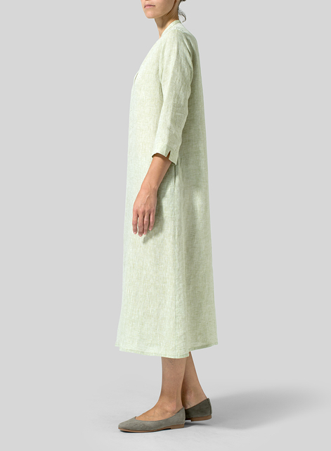 Linen V-neck Mandarin Collar Dress Tunic